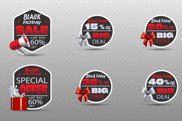 Black Friday sale badge set with ribbons, megaphone and gift boxes.