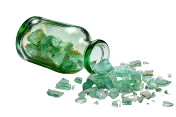 Container spills green glass fragments on a clean white surface in a well-lit setting