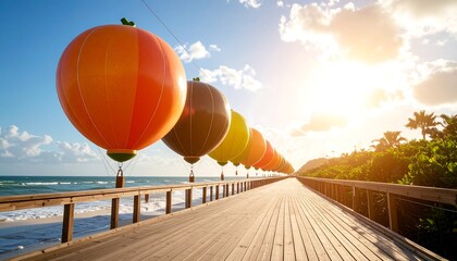 Obraz premium Walking on Wooden Pier with Colorful Balloons at Seaside View