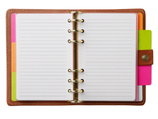 Open notebook with blank pages isolated on transparent background