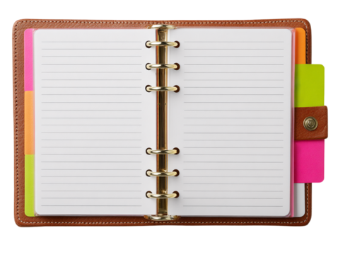 Open notebook with blank pages isolated on transparent background