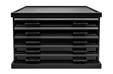 Dark, matte-finish storage cabinet with multiple drawers