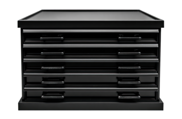 Dark, matte-finish storage cabinet with multiple drawers