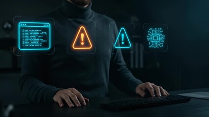 A cybersecurity professional interacts with a glowing digital alert system, identifying and addressing potential threats while analyzing critical data in a high-tech indoor environment. - Powered by Adobe
