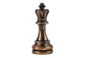 Bronze chess queen piece standing alone on a white background with detailed craftsmanship and elegant design