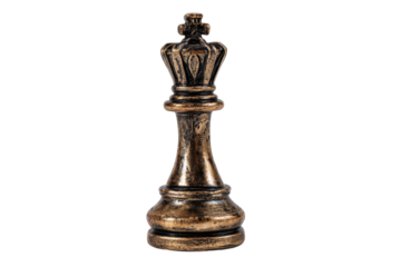 Bronze chess queen piece standing alone on a white background with detailed craftsmanship and elegant design