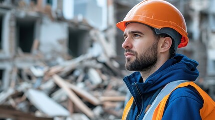 Construction Worker Contemplating at Demolition Site with Safety Gear
