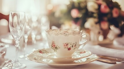 Elegant Tea Cup and Saucer on a Beautifully Set Dining Table