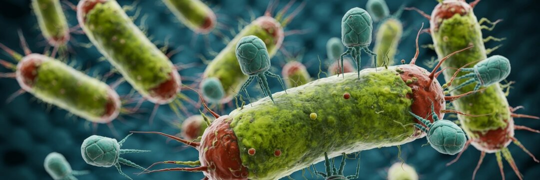 Microscopic view of bacteriophages infecting a bacterium