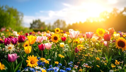 Vibrant wildflowers bathed in golden sunlight