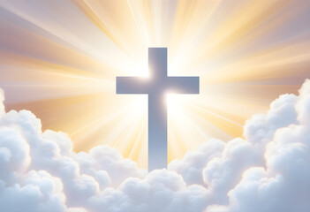 Christian cross appears bright in the yellow sky illustration.	