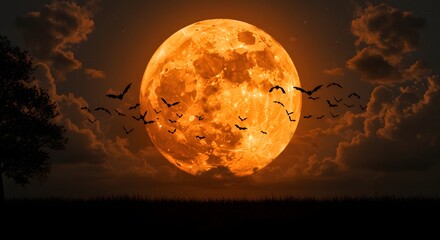 Dramatic Orange Full Moon and Silhouetted Birds in a Mystical Night Sky