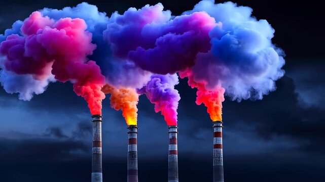 Vibrant smoke billowing from industrial chimneys against a dark sky