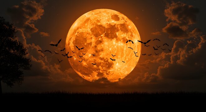 Dramatic Orange Full Moon and Silhouetted Birds in a Mystical Night Sky