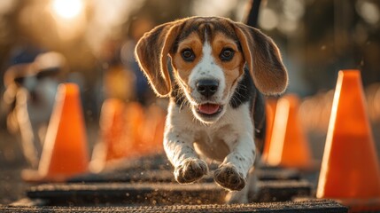 Beagle runs happily through an agility course.