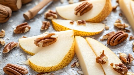 Fototapeta premium Fresh Pear Slices with Pecans on Rustic Wooden Table Background