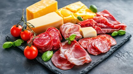 Fresh Assortment of Meats and Cheeses on a Slate Board