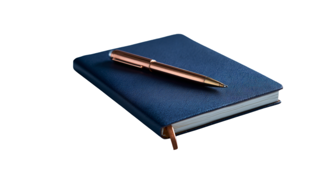 Blue notebook with a pen isolated on a transparent background