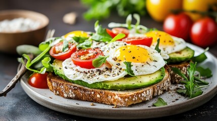 Fresh Avocado Toast with Eggs and Cherry Tomatoes on a Rustic Plate
