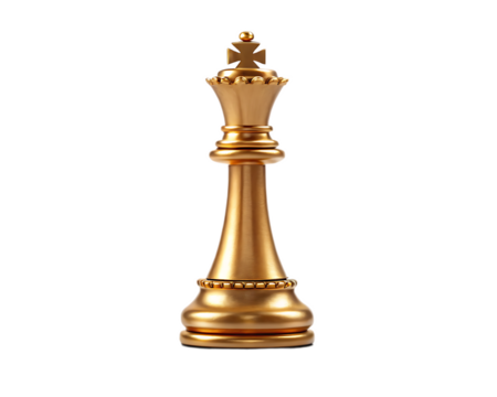 Close up shot of a golden chess queen piece standing upright against a black background in a studio setting
