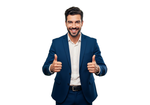 Smiling businessman in a blue suit gives a thumbs up gesture as a sign of success and approval isolated on transparent background
