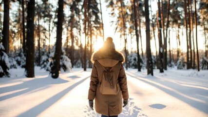 Woman walking winter forest sunset - Powered by Adobe