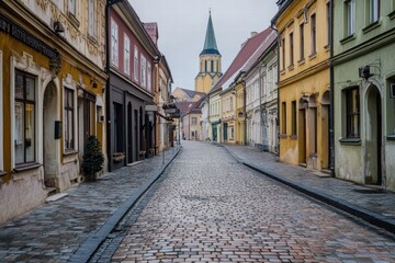 Fototapeta premium European street with distant church and pastel buildings