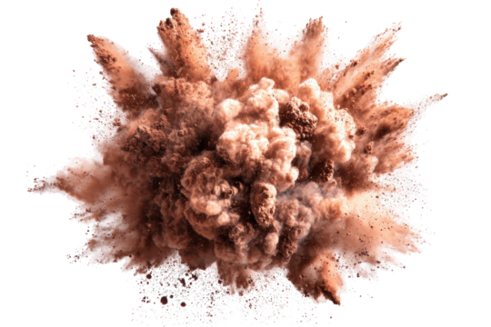 Explosion of brown powder creating a cloud effect against a white background, showcasing dynamics of motion and energy