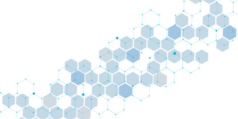 Molecular structure abstract tech background. Geometric blue background. Vector banner design with hexagons. Science network pattern, connecting lines and dots Medical background, Vector illustration.