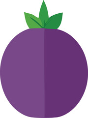 A simple flat illustration of a ripe purple plum with green leaves at the top presented on a white background