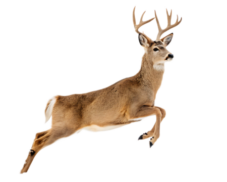 A deer with antlers leaping forward against a black background in a dynamic pose showing movement