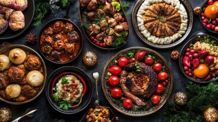 Fototapeta premium Exquisite Array of Traditional Dishes on Festive Table Setting