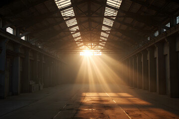 The sun filtered through a dusty industrial warehouse roof.

