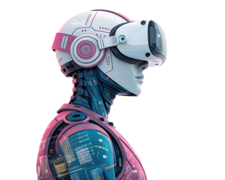 Side view of a futuristic cyborg with vr headset and pink accents against black background isolated