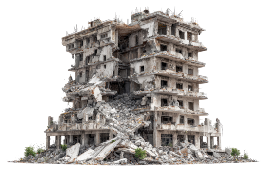 Ruined multi-story building, debris-filled