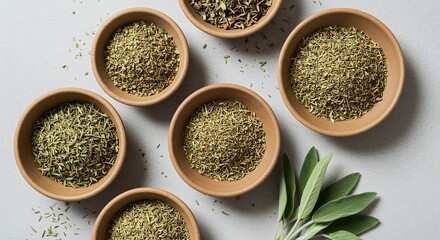 Overhead shot dried herbs in clay bowls sage sprig on a gray surface