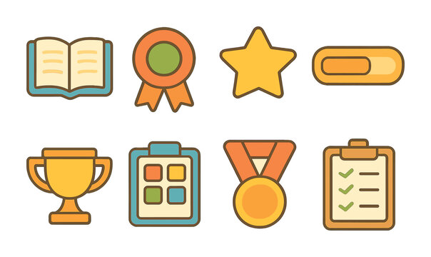 Gamified Training Icons. Flat vector mini-illustrations gamified training in colors children's illustrations: