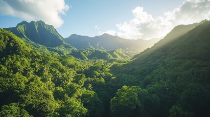 Fototapeta premium Lush Green Mountain Landscape Under Bright Blue Sky at Sunrise