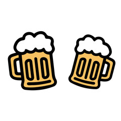 Illustration of two beer mugs with foam, outlined in black and gold, on a white background design