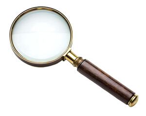 A close up shot of a magnifying glass with a wooden handle on a plain black background in sharp focus