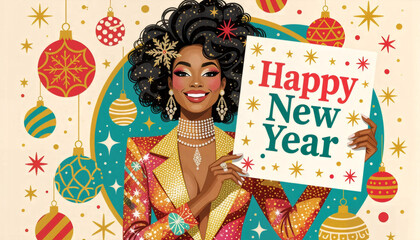 Festive New Year Celebration with Elegant Woman and Holiday Decorations