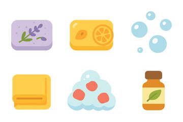 Scented Soap Delight. Flat vector mini-illustrations scented soap varieties in colors children's illustrations