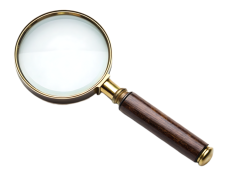 A close up shot of a magnifying glass with a wooden handle on a plain black background in sharp focus