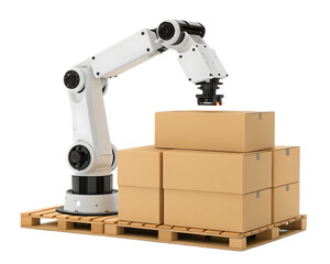 Robotic arm lifting cardboard boxes stacked on a wooden pallet in a warehouse setting against black