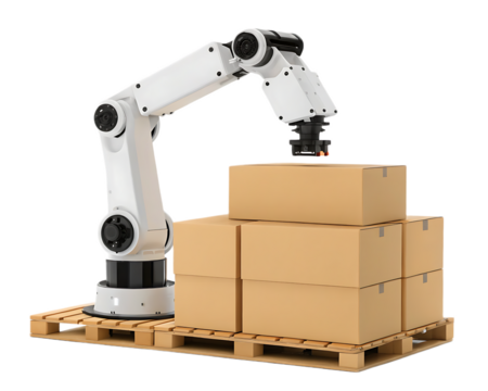 Robotic arm lifting cardboard boxes stacked on a wooden pallet in a warehouse setting against black