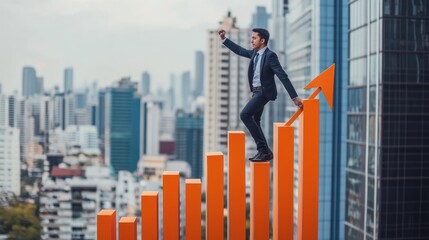 Businessman climbing upward graph, city background, success concept, stock photo