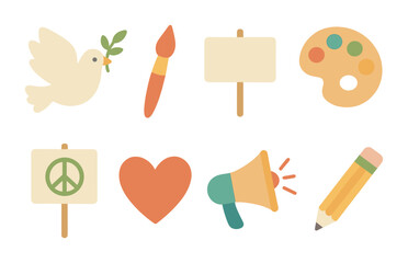 Symbols of Peace. Flat vector mini-illustrations art and peace movements in colors children's illustrations: