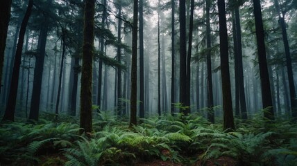 Fototapeta premium A serene forest scene enveloped in mist, showcasing tall evergreen trees and lush ferns.