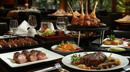 Obraz premium Exquisite Dining Experience with Gourmet Dishes and Elegant Setup