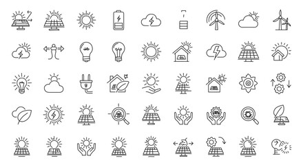 Collection of solar power and renewable energy icons.